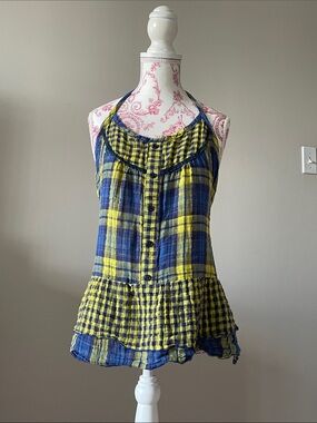 Y2K Blue & Yellow Plaid Halter Peplum Top